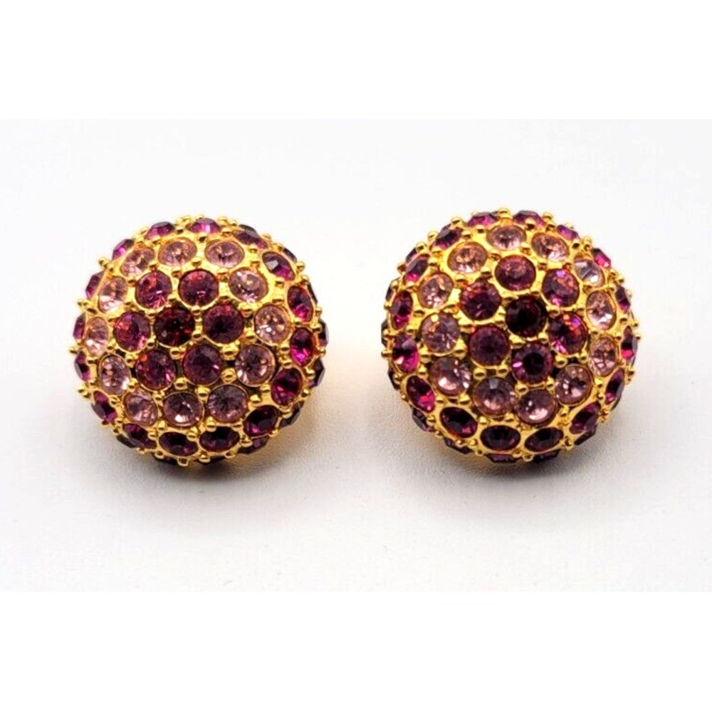 JOAN RIVERS PINK PURPLE PAVE RHINESTONE CLIP ON EARRINGS GOLD TONE SIGNED VTG‎